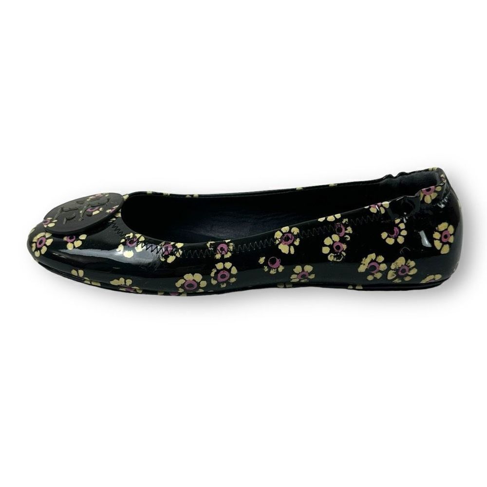Tory Burch Women's 9 Patent Leather Floral Print Ballet Flat Black Daisy Print